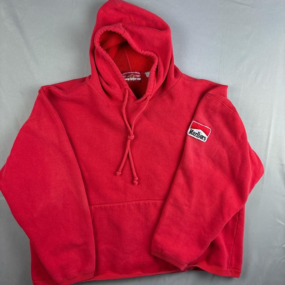 Vintage Marlboro Country Store XL Boxy Wide-Fit Fleece Hoodie Sleeve Logo Red